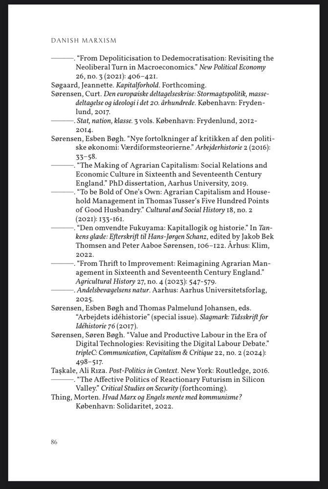 Page from "Select Bibliography of Recent Marxist Research from Denmark" in the recently published book "Danish Marxism" containing, amongst others, a reference to Ali Riza Taskale's article "The Affective Politics of Reactionary Futurism in Silicon Valley"