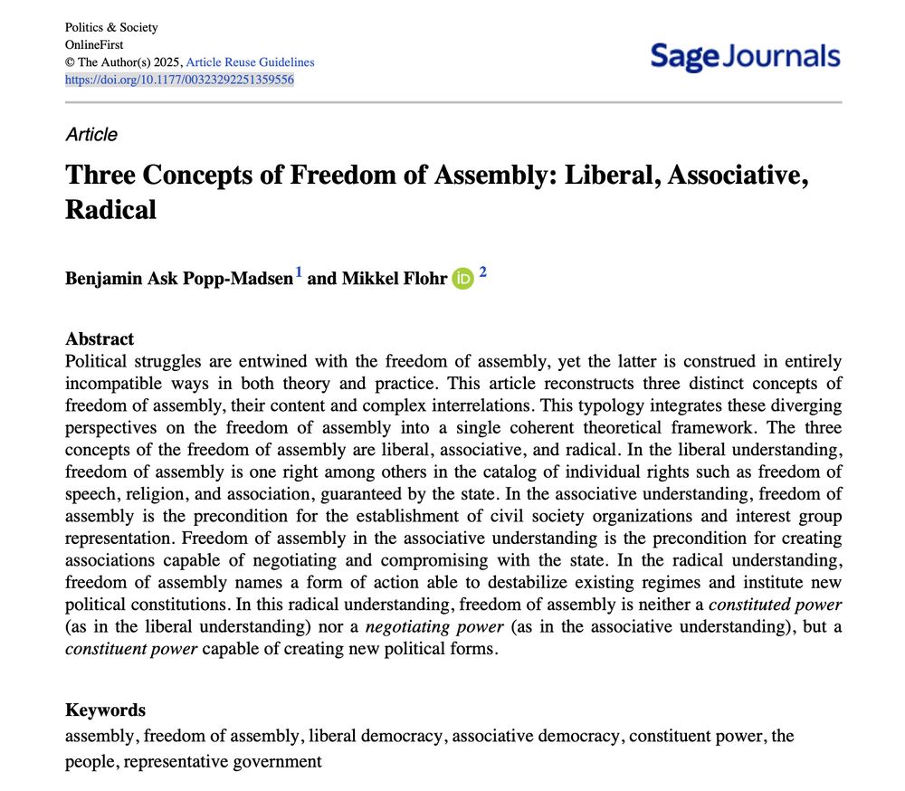 The first page of the pdf of an academic article titled "Three Concepts of Freedom of Assembly: Liberal, Associative, Radical" in Politics and Society authored by Benjamin Ask Popp-Madsen and Mikkel Flohr. https://doi.org/10.1177/00323292251359556