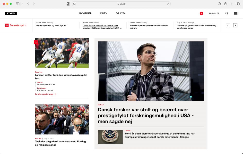Front page of Danish public service news provider with article with headline “Danish researcher was proud and honored by prestigious research opportunity in the US - but said no”