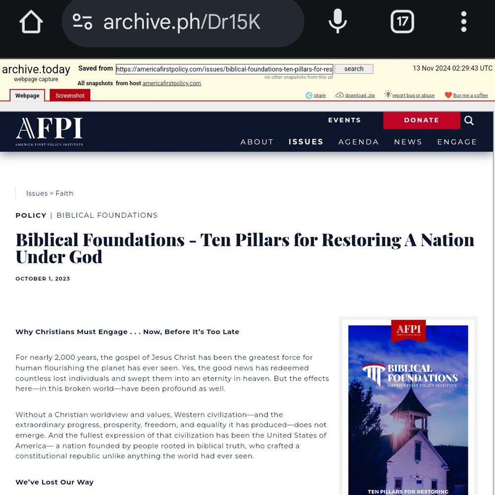 Screenshot of archived web link in post. Archive Today was used to allow users to read the Ten Pillars, yet also prevent driving any traffic to the America First Policy Institute.