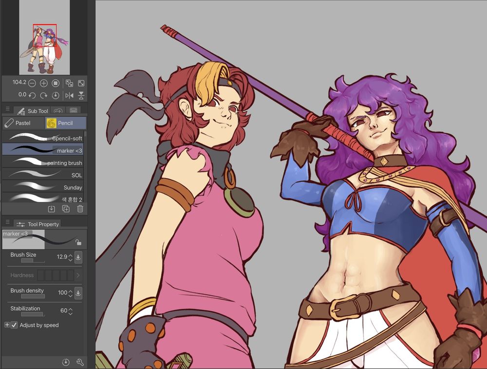 close up of an colored and half rendered drawing of arina and daniella from game grumps (game gyaru)