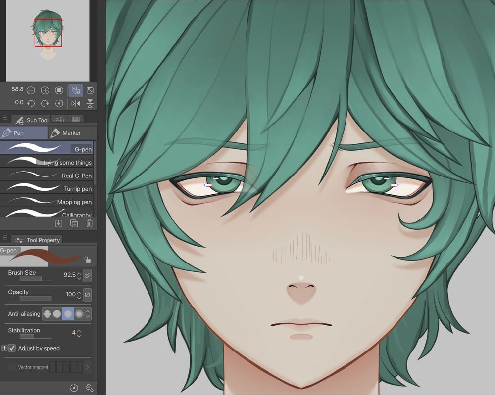 male vtuber model with blue/green hair and blue eyes

