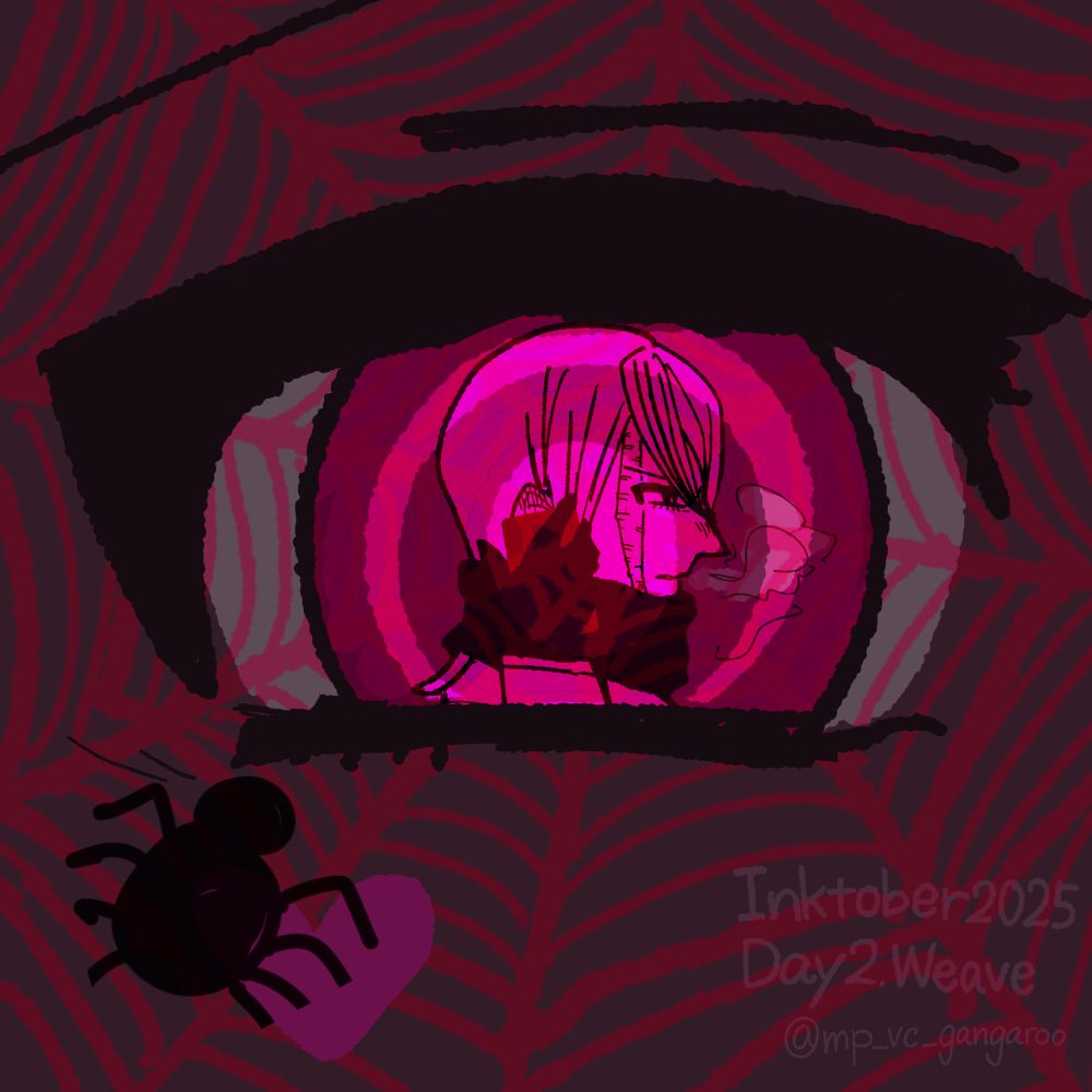 「エクソシストを堕とせない」の二次創作イラスト。ヴィルの瞳の中にダンテの横顔が映っている。ダンテの顔を中心に蜘蛛の巣のような模様が画面全体に描かれており、はじには蜘蛛のシルエットも描かれている。