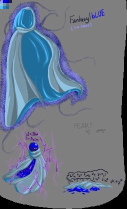 A blue and blue-grey cloak floats magically in the air, with a blue slime in the cloak below the original image. (Fantasy!bLUE)