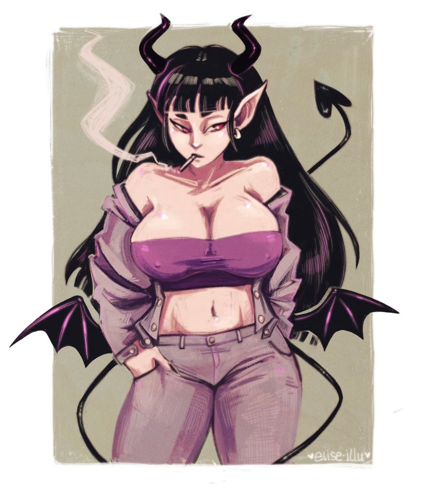 Very curvaceous demon girl wearing denom jacket and pants with tiny tube top, smoking a cigarette with hand in pocket