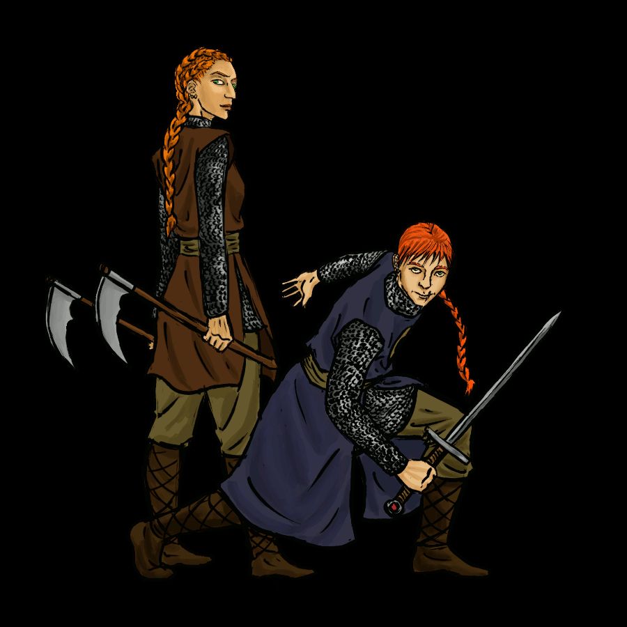 A female and male fighting knight posing with their choice of weapons. The woman has her red hair in three dutch braids merging into one. She has a chainmail under her surcoat which is held in place by a shash. Her surcoat is brown. The guy has his (also) red hair in a single long braid and has similarly chainmail under his quite longer blue surcoat. The woman has double battle axes and the man has a sword. The woman's name is Raksha and the man is Etan, from my webcomic Verdant.
