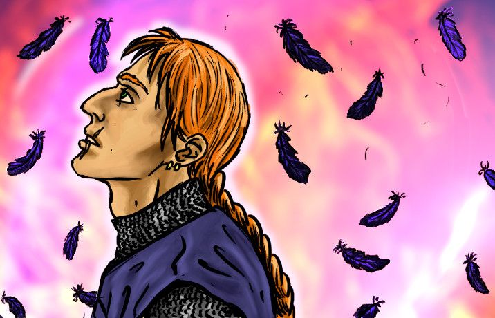 Image of Etan, the red-haired Kome (ie knight) from my webcomic Verdant, in a glowy magic nebulous surrounding, looking upwards as raven feathers float down all around him.