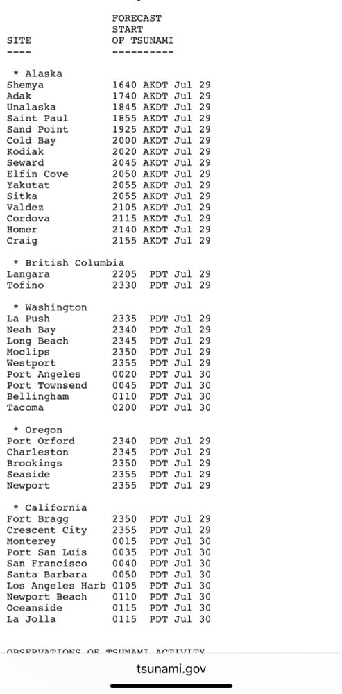 FORECAST
START
OF TSUNAMI
illlillill
SITE
----
* Alaska
Shemya
Adak
Unalaska
Saint Paul
Sand Point
Cold Bay
Kodiak
Seward
Elfin Cove
Yakutat
Sitka
Valdez
Cordova
Homer
Craig
1640 AKDT Jul 29 1740 AKDT Jul 29 1845 AKDT Jul 29 1855 AKDT Jul 29 1925 AKDT Jul 29 2000 AKDT Jul 29 2020 AKDT Jul 29 2045 AKDT Jul 29 2050 AKDT Jul 29 2055 AKDT Jul 29 2055 AKDT Jul 29 2105 AKDT Jul 29 2115 AKDT Jul 29 2140 AKDT Jul 29 2155 AKDT Jul 29
* British Columbia
Langara
2205 PDT Jul 29
Tofino
2330 PDT Jul 29
* Washington
La Push
Neah Bay
Long Beach
Moclips
Westport
Port Angeles
Port Townsend
Bellingham
Tacoma
2335
2340
2345
2350
2355
0020
0045
0110
0200
PDT Jul 29
PDT Jul 29
PDT Jul 29
PDT Jul 29
PDT Jul 29
PDT Jul 30
PDT Jul 30
PDT Jul 30
PDT Jul 30
* Oregon
Port Orford
Charleston
Brookings
Seaside
Newport
2340
2345
2350
2355
2355
PDT Jul 29
PDT Jul 29
PDT Jul 29
PDT Jul 29
PDT Jul 29
* California
Fort Bragg
2350 PDT Jul 29
Crescent City
2355 PDT Jul 29
Monterey
0015 PDT Jul 30
Port San Luis
0035 PDT Jul 30
San Francisco
Santa Barbara
0040 PDT Jul 30
0050
Los Angeles Harb 0105
PDT Jul 30
PDT Jul 30
Newport Beach
0110 PDT Jul 30
Oceanside
0115
La Jolla
PDT Jul 30
0115 PDT Jul 30
tsunami.gov