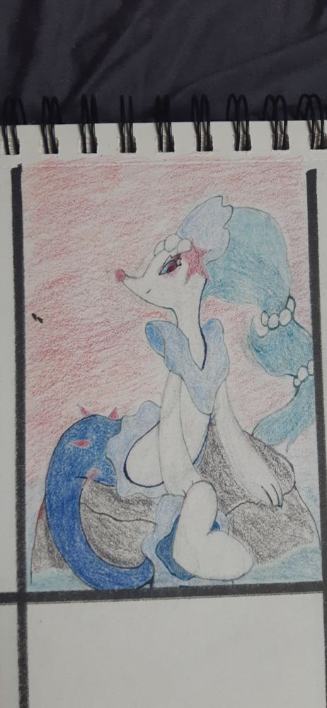 Primarina sitting on a rock in the ocean and enjoying the sunset