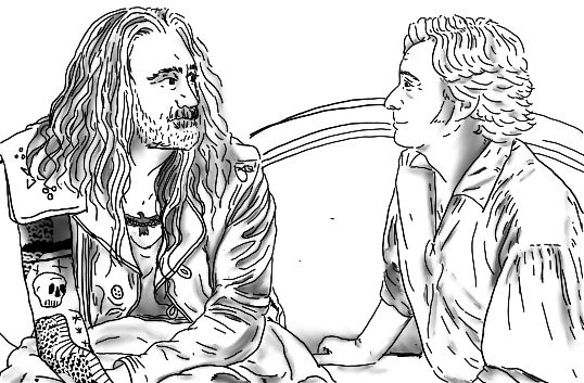 drawing of Ed and Stede from ofmd looking at each other on Anne and Mary's sofa in s2e4