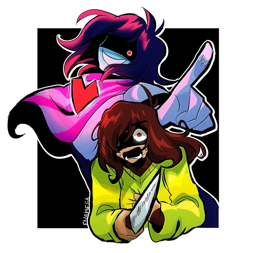 A digital halfbody drawing of a panicked Kris, holding up a knife with one hand and the other gripping the front of their shirt. Behind them looms their dark world self, puppeted by the bright red soul at their chest, an unnatural smile on their face as their head lolls to the side, one arm pointed forward. The red glow of the soul illuminates them, as opposed to the real Kris.