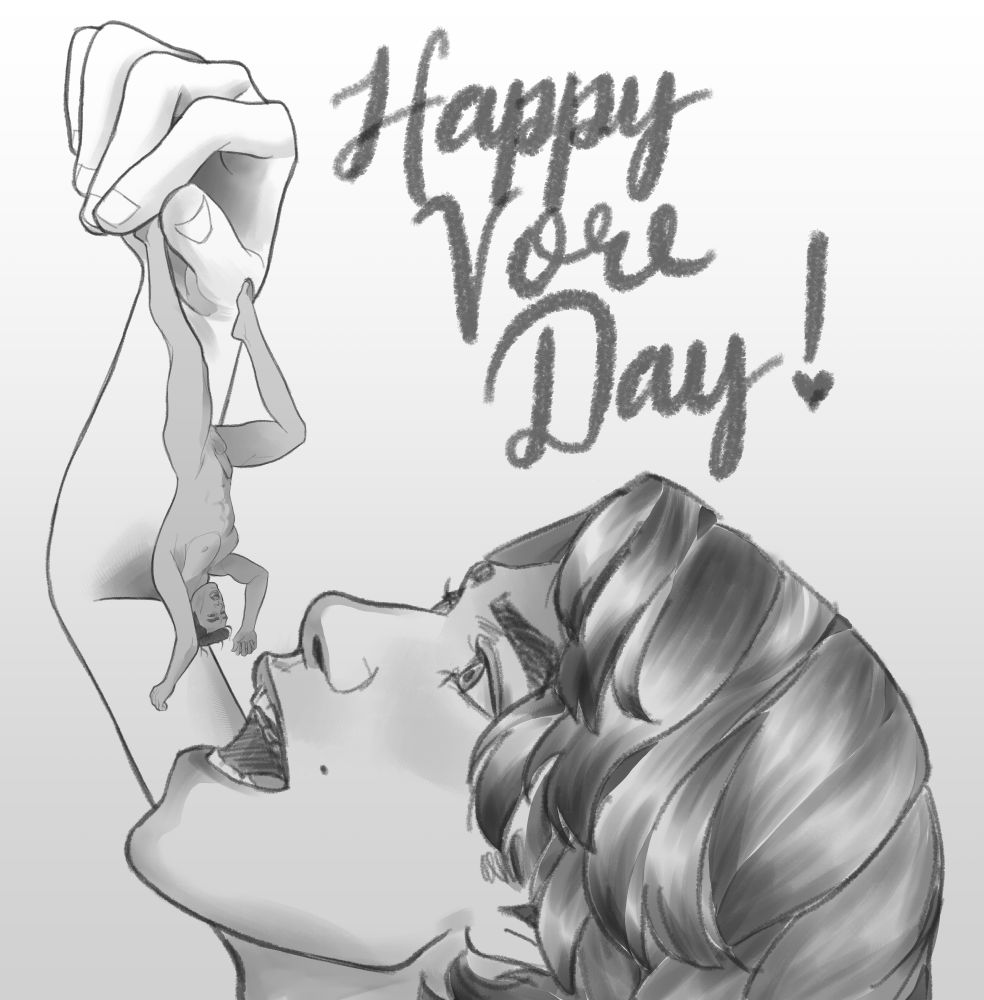 giant viktor is holding tiny jayce. jayce is being held by one foot and dangled upside down above Viktor’s open mouth. "happy vore day" is written above viktor 