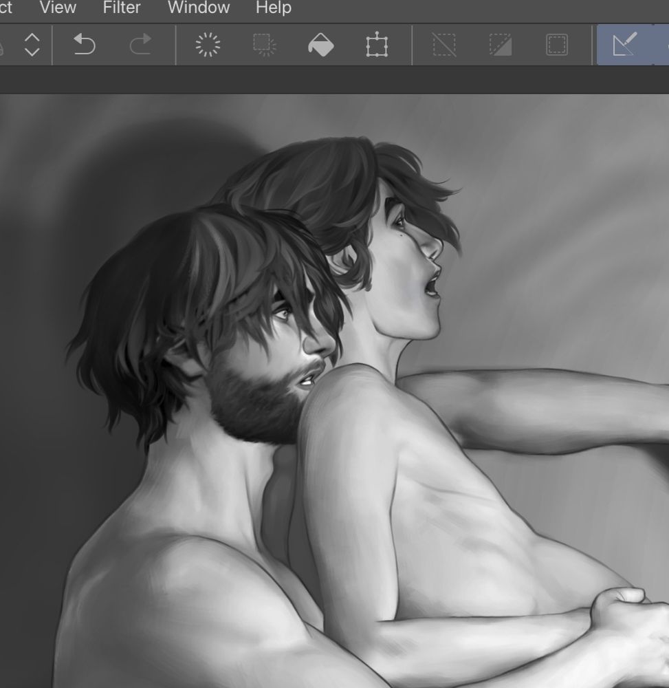 a cropped image of a bearded jayce behind viktor. they are laying on their sides spooning. Viktor is pregnant and his mouth is hanging open.