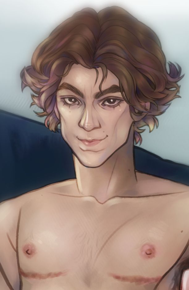 a closeup of viktors face and chest to show details