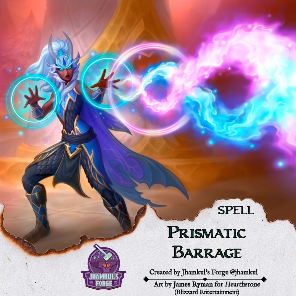 D&D homebrew spell for Prismatic Barrage, a new sorcerer exclusive cantrip with random elemental damage, a player option for D&D 5e and 2024 by Jhamkuls Forge
