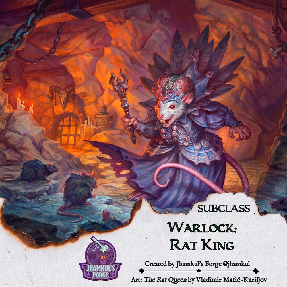 A D&D 5e homebrew warlock subclass, the Rat King patron, offering urban espionage features, a psychic vermin network, and the ability to transform into a spectral rat swarm.