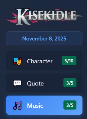Kisekidle screenshot showing my scores. I found the character on the 5th attempt, the quote on the 3rd attempt and the music on the 3rd attempt.