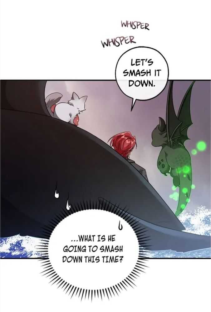 A panel from the chapter 119 of the manhwa The Lout of Count's Family. Cale is whispering "Let's smash it down" to Raon and Archie is thinking "... What is he going to smash down this time?"