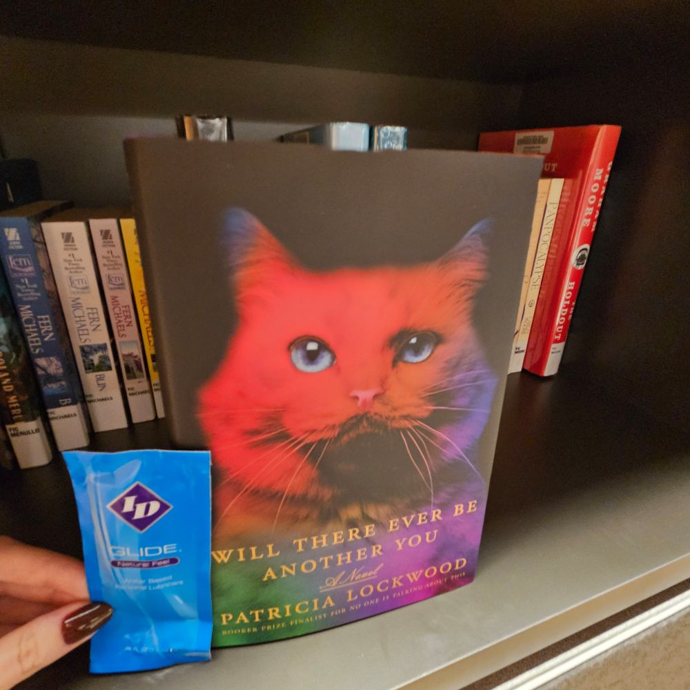 The cover of Will There Ever Be Another You by Patricia Lockwood next to an individual packet of lube