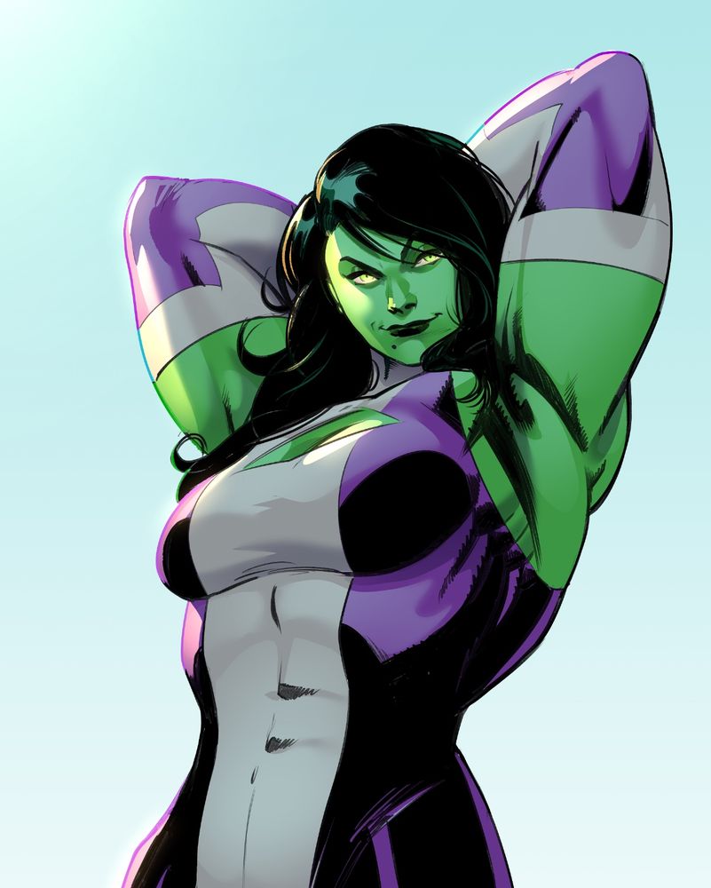 a pretty ok drawing of she hulk doing one of those ab poses that body builders do.