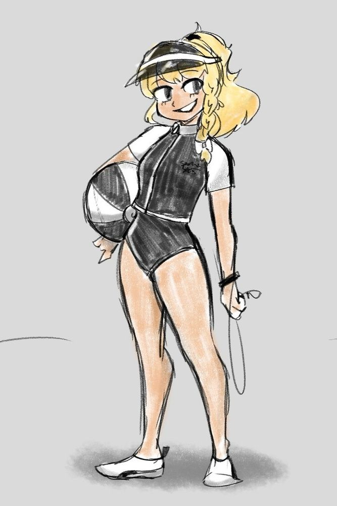 marisa kirisame in a one piece swimsuit and sport top holding a beach ball 