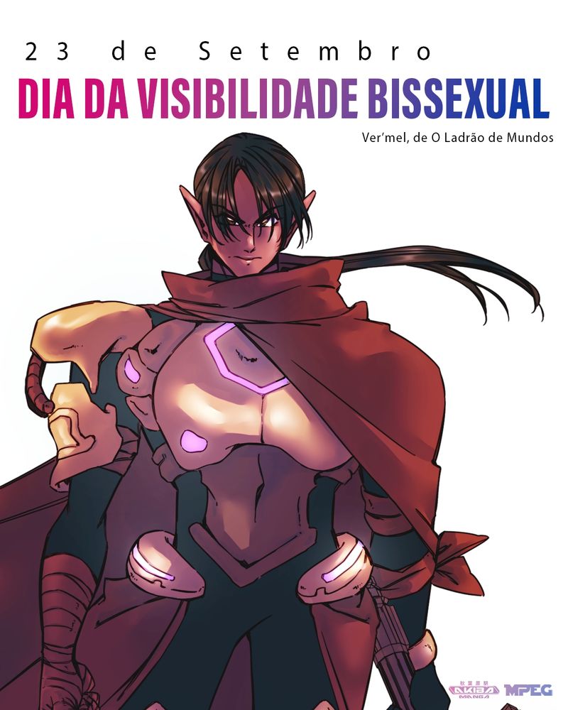 Imagem que traz escrito em preto: 23 de setembro, e em colorido: dia da visibilidade bissexual, Ver'mel, de O Ladrão de Mundos.
Logo abaixo, um desenho do personagem Ver'mel, de O Ladrão de Mundos, num ângulo frontal em fundo branco. A ilustração é retirada da capa do quadrinho.