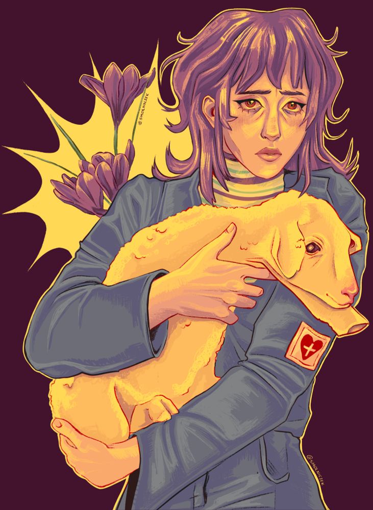 Anya from the game Mouthwashing holding a lamb in her hands. In the background, there's a crocus flower. 