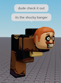 screenshot of catalog avatar creator, showing the gun morph emote with a does evil things guy avatar

messages above him read "dude check it out, its the shucky banger"