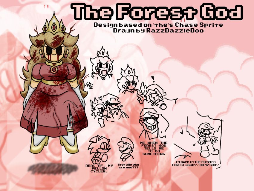 Like the tweet caption said, this is a reference sheet for Razz's way of drawing the antagonist of the SMW Romhack, Coronation Day.

Said antagonist, known as The Forest God or Forest King, takes the appearance of Princess Peach from the Mario Franchise but twisted and macabre.

Blood spatters coat her hair and dress, twigs and branches stick out of her hair, and blood drips from her eyesockets like tears.