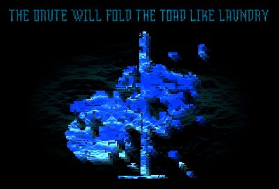 Screenshot of a fake panel of the Deltarune Prophecy, showing an image of a Toad being sliced in half by a flagpole. The image is captioned with "THE BRUTE WILL FOLD THE TOAD LIKE LAUNDRY".