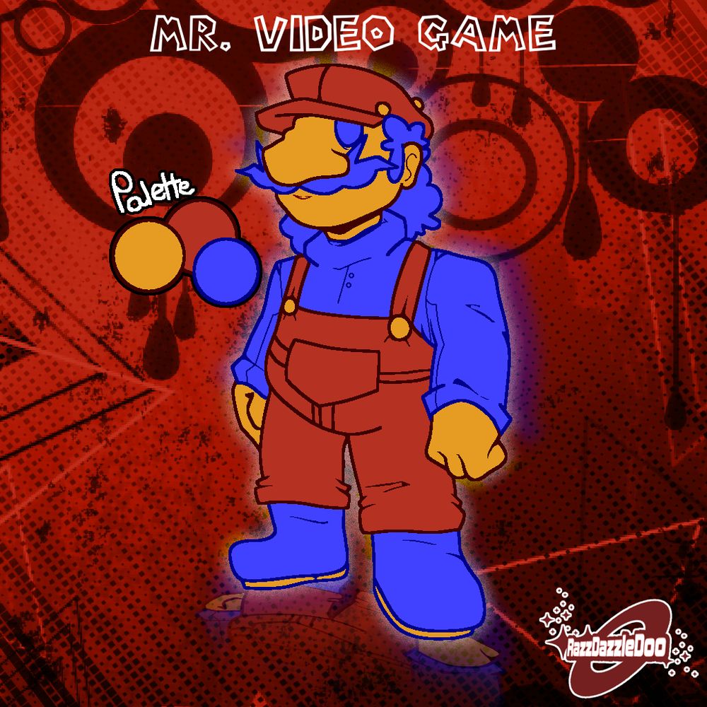 Reference image for Razz's "Mr. Video Game" character, standing idly. His palette of red (b53122), orange (e69c23), and blue(4142ff) being included to make color-picking easier.

Mr. Video Game wears a red, emblemless hat + overalls, and a blue turtleneck and boots of the same blue. Mr. Video Game's boots have an orange sole, his hat having orange buttons on the brims and top, and his skintone has the same orange color.

He has a frayed, four-bump cloud mustache, and a long curly mullet reminiscent of Captain Lou Albano. Mr. Video Game's hair is notably the same blue color as his boots and turtleneck. He also has a completely expressionless face, and remains that way no matter the situation.