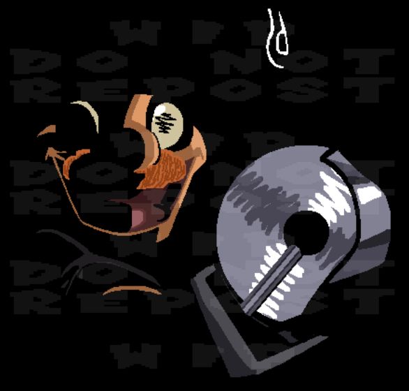 Shucky Ducky shrouded in darkness, lifting his saw hand towards the camera. The faint glint of light catching onto the bulb above, and illuminating a few features of the man who lived a lie.

His saw hand is the only thing in complete view, being the focus of the art piece.