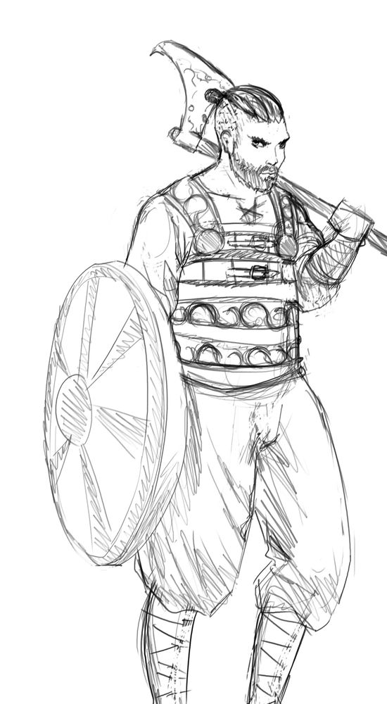 A man in intricate armor holds a shield and ax.