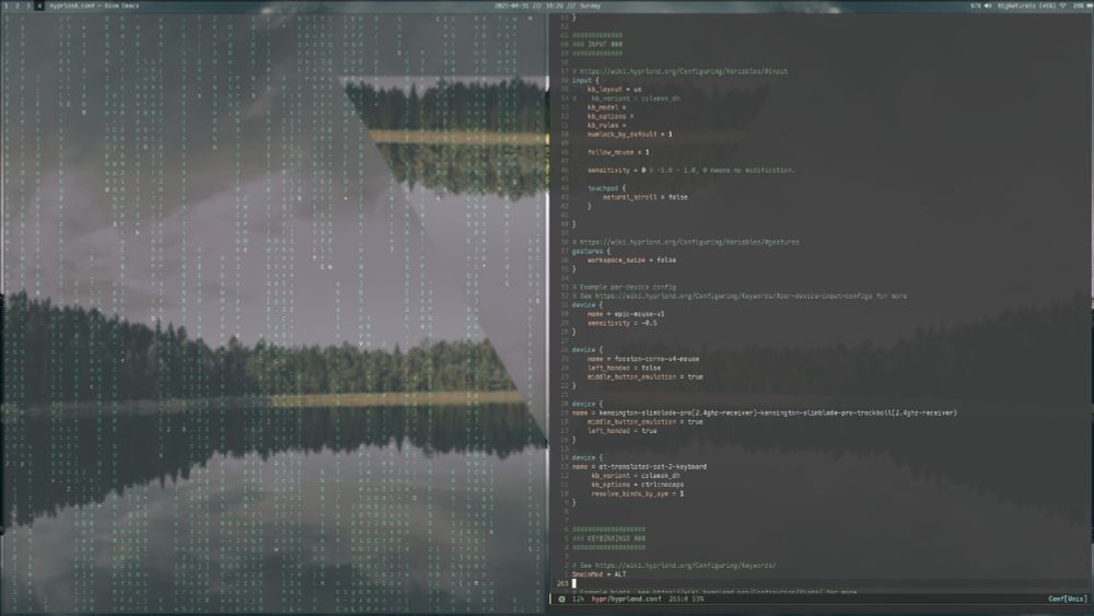 a screenshot of an arch linux desktop with doom emacs and cmatrix open