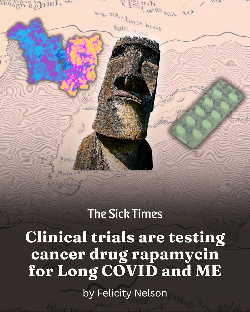 raphic with a background of a map of Easter Island, one of the island’s famous statues showing a human face in the center, a colorful depiction of a molecule on the left, and a sheet of green pills on the right. The text reads, “The Sick Times. Clinical trials are testing cancer drug rapamycin for Long COVID and ME. By Felicity Nelson.” 