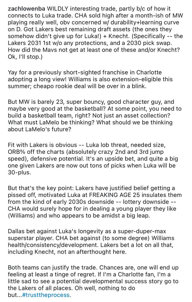 NBA reporter Zach Lowe gives his analysis of a recent NBA trade involving the Charlotte Hornets and the Los Angeles Lakers.