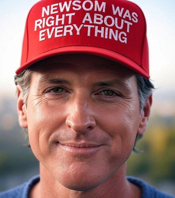 Newsom wearing a hat saying Newsom was right about everything.
