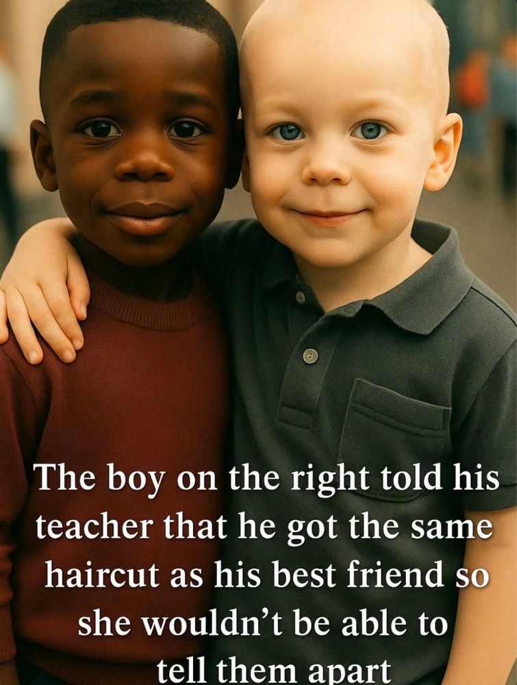 The boy on the right (a white boy) told his teacher that he got the same haircut as his best friend (a black boy), so she wouldn’t be able to tell them apart.

(Just Beautiful)