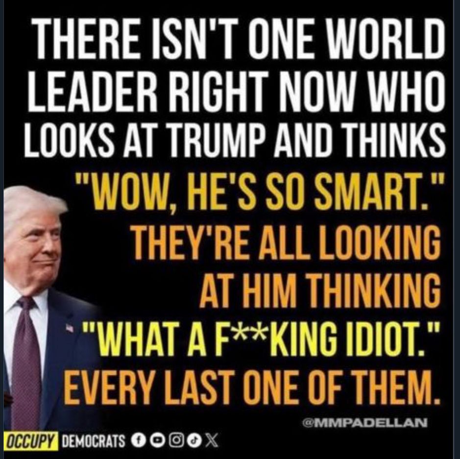 There isn’t one world leader right now who looks at trump and thinks “wow, he’s so smart.”

They’re all looking at him thinking “what a f**king idiot.”

EVERY LAST ONE OF THEM.