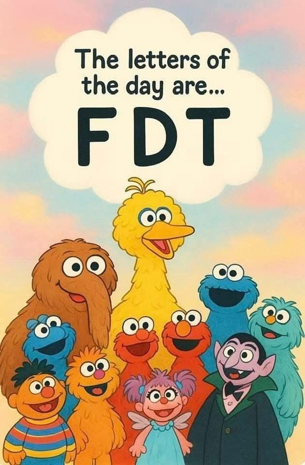 The letters of the day ( by Sesame Street) are … F D T