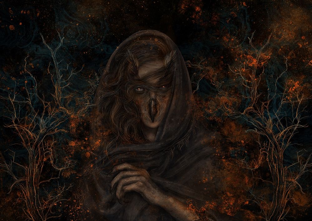 The illustration of the woman that in mid transformation into the owl, surrounded by bronze traces of magic and lines of old branches.