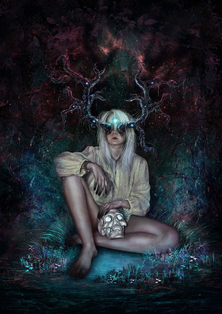 The illustration of the creature, sitting in the small patch of meadow in the middle of dark woods.
Creature has eldritch tentacles coming from it's eye sockets and there six blue glowing eyes on them.