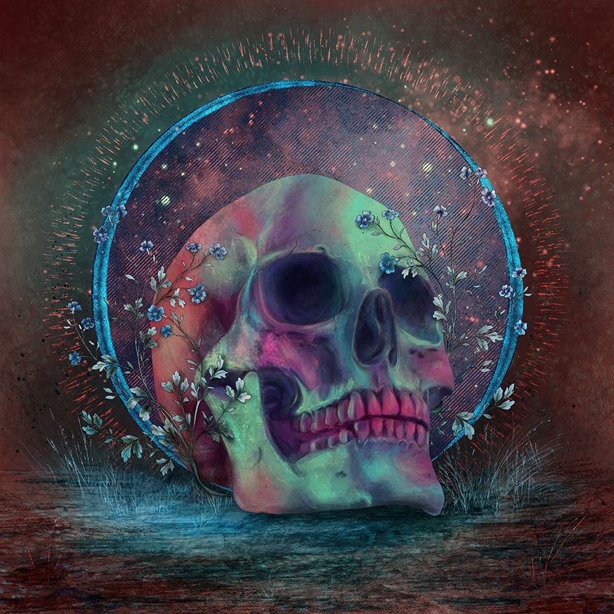 Illustration of iridescent scull and small flowers.