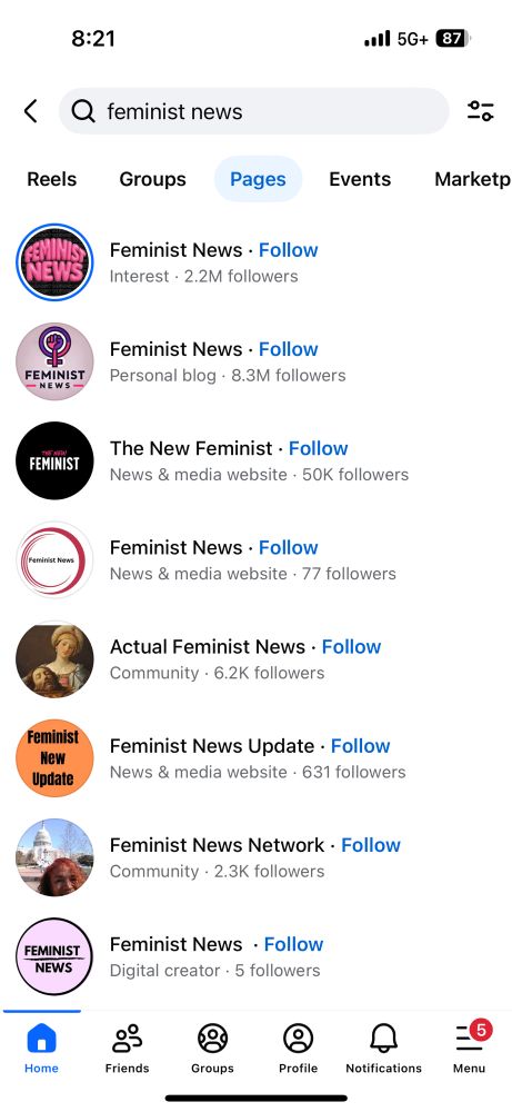Search results of “feminist news” on Facebook 