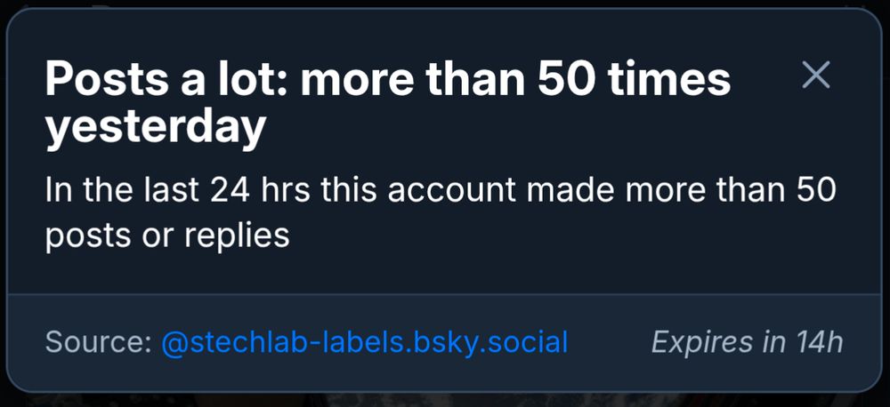 bluesky label info box that reads: Posts a lot: more than 50 times yesterday. In the last 24 hours this account made more than 50 posts or replies. Source: @stechlab-labels.bsky.social. Expires in 14 hours
