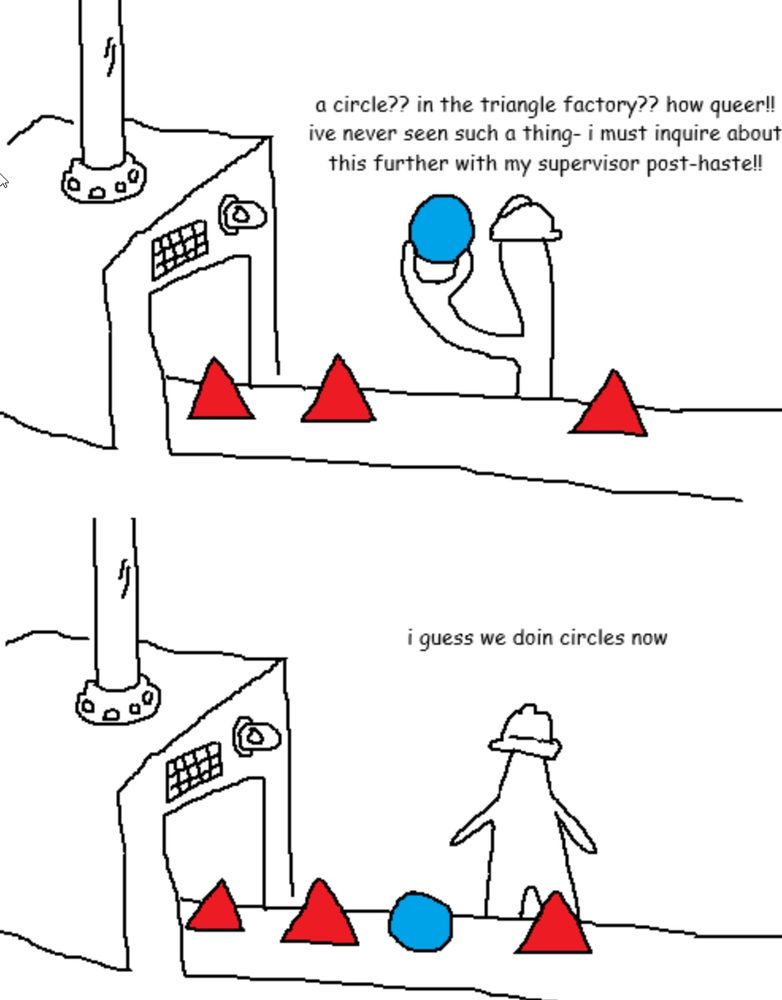 The original "I guess we doin circles now" meme. An MS Paint drawing of a humanoid blob with a hard hat operates a machine making red triangles. In the first panel, the creature is holding a blue circle, and says "a circle?? In the triangle factory?? How queer!! I've never seen such a thing- I must inquire about this further with my supervisor post-haste!!" The bottom panel presents a different possible reaction, with the creature standing off to the side of the conveyor belt simply observing a blue circle passing by as it says "I guess we doin circles now."