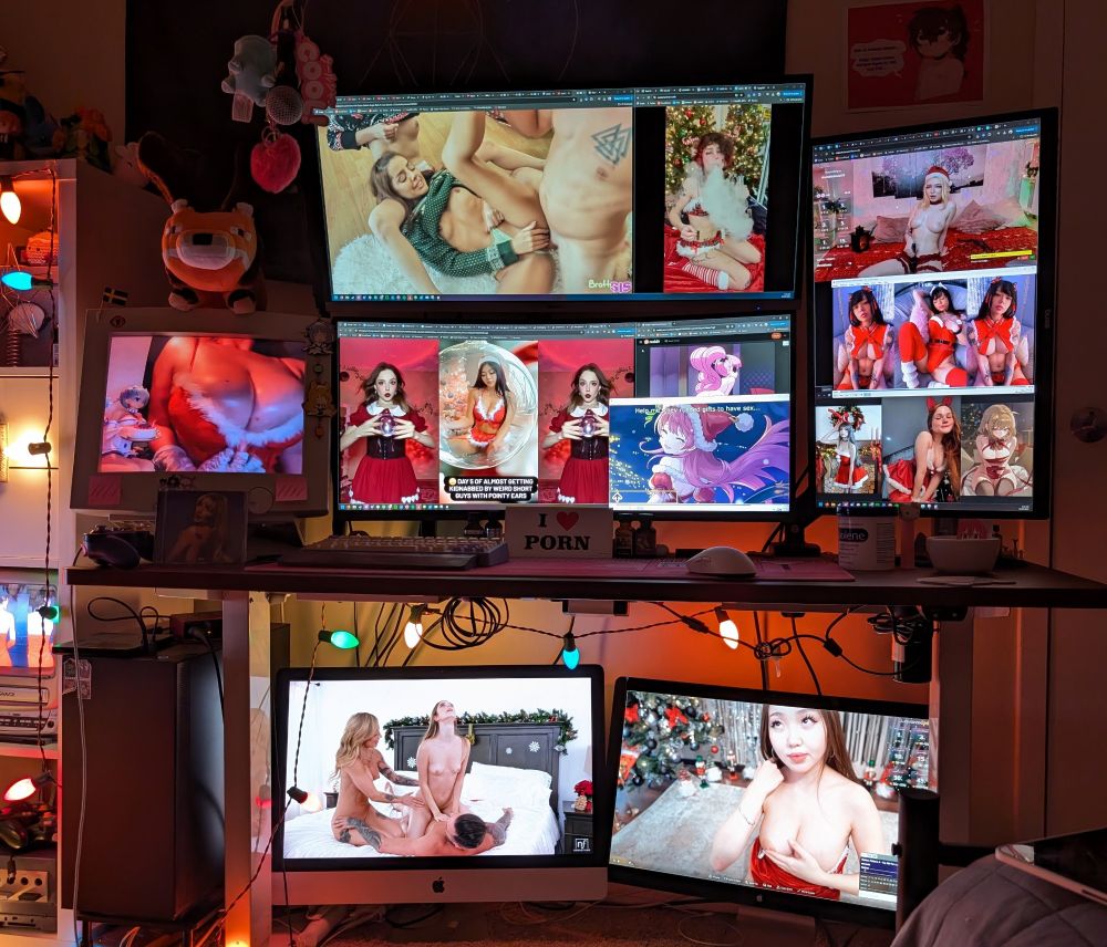 lots of monitors with christmas porn on them