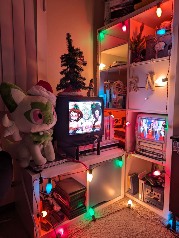 crt corner with christmas lights and porn