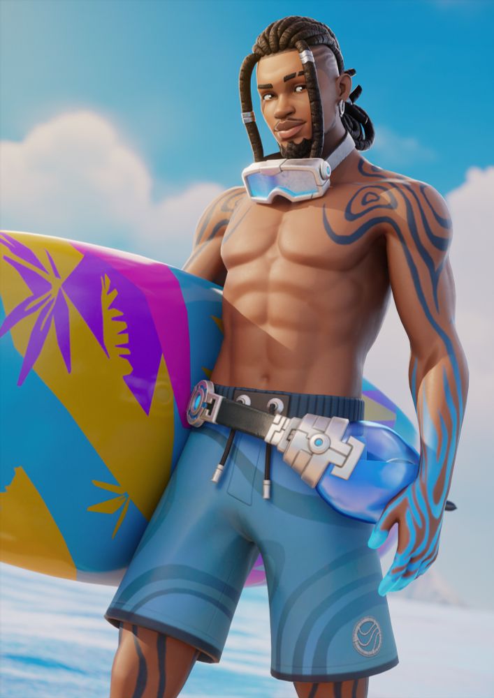 Trace from Fortnite with a beach outfit walking on the shore carrying a surfboard.