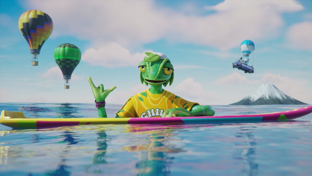 Ziggy from Fortnite chilling on his surfboard in the middle of the ocean.